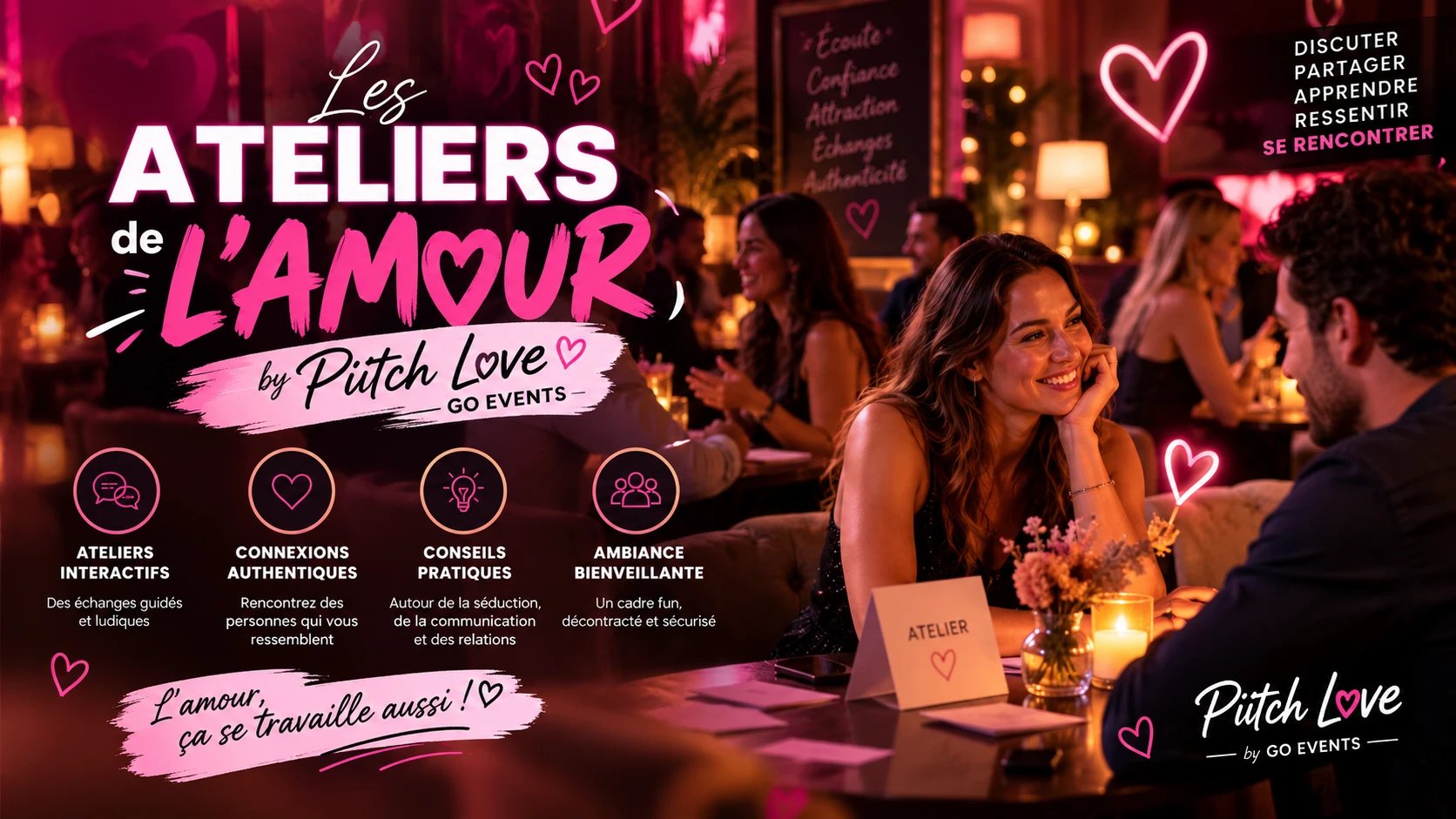 Les Ateliers de l'Amour by Piitch Love : ateliers interactifs, connexions authentiques, ambiance bienveillante. L'amour, ça se travaille aussi !