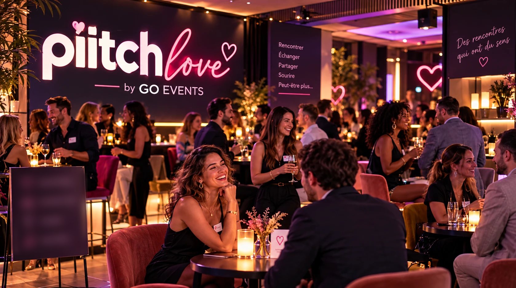 Ambiance d'une soirée Piitch Love : des célibataires qui discutent et rient autour de tables éclairées à la bougie